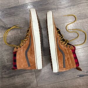 Vans Brown Suede High-Top Sneakers with Red Plaid Accent